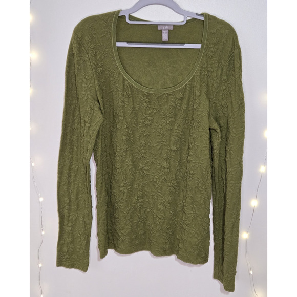 J. JILL Floral Textured Long Sleeve Stretchy Top Medium Green Christmas Holiday - Picture 1 of 13